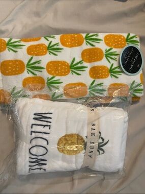 Rae Dunn White Kitchen Towel Set with Yellow Pineapple Print and Green Leaves